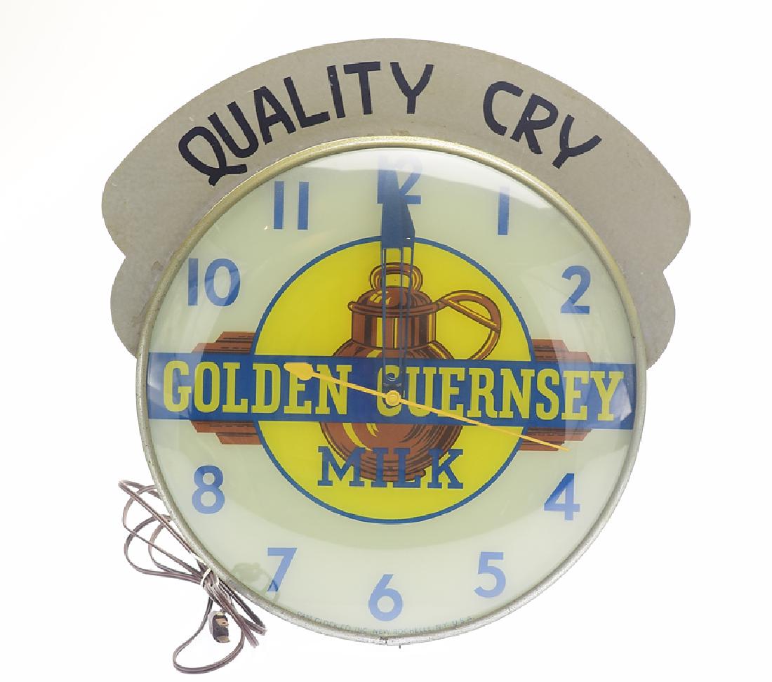 Pam Clock Co VINTAGE GOLDEN GUERNSEY ADVERTISING CLOCK: Details: Pam Clock Co VINTAGE GOLDEN GUERNSEY ADVERTISING CLOCK Electric Lighted Marketing American Dairy Farming Agriculture Metal Glass Cow This lot consists of a Pam Clock Co. collectible advertisi