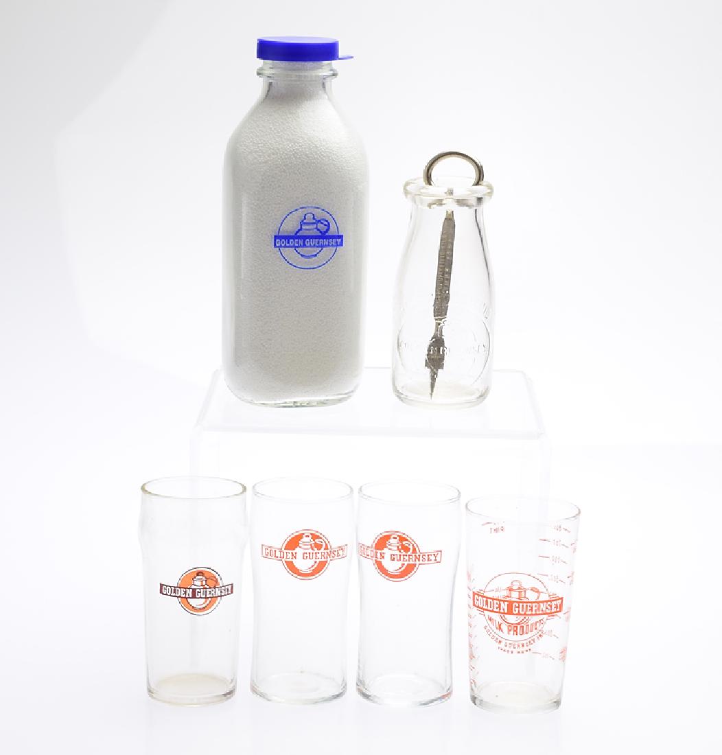 7Pcs World Guernsey Conference VINTAGE GOLDEN GUERNSEY: Details: 7Pcs World Guernsey Conference VINTAGE GOLDEN GUERNSEY MILK BOTTLES & GLASSES Branded Embossed Glass Logo Measuring Cup Store Bottle Cap Quart Half-Pint Dairy Production Bottling Cap Opener