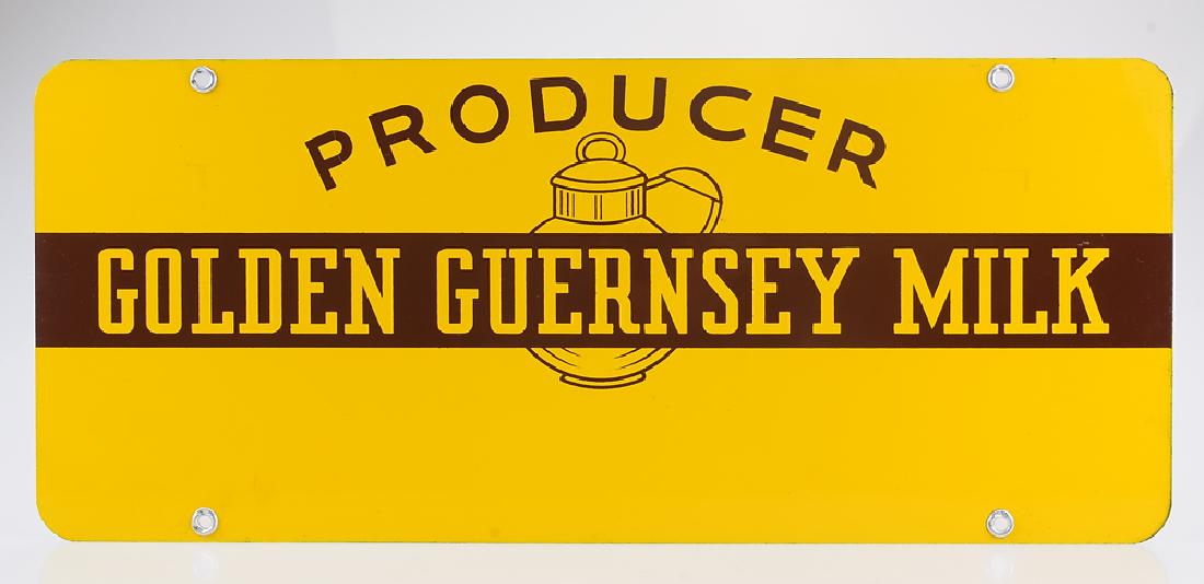 Dairy Advertising VINTAGE GOLDEN GUERNSEY METAL SIGN: Details: Dairy Advertising VINTAGE GOLDEN GUERNSEY METAL SIGN American Marketing Milk Products Guernsey Jug Beverage Advertisement Home/Store This lot consists of a two-sided vintage Golden Guernsey m