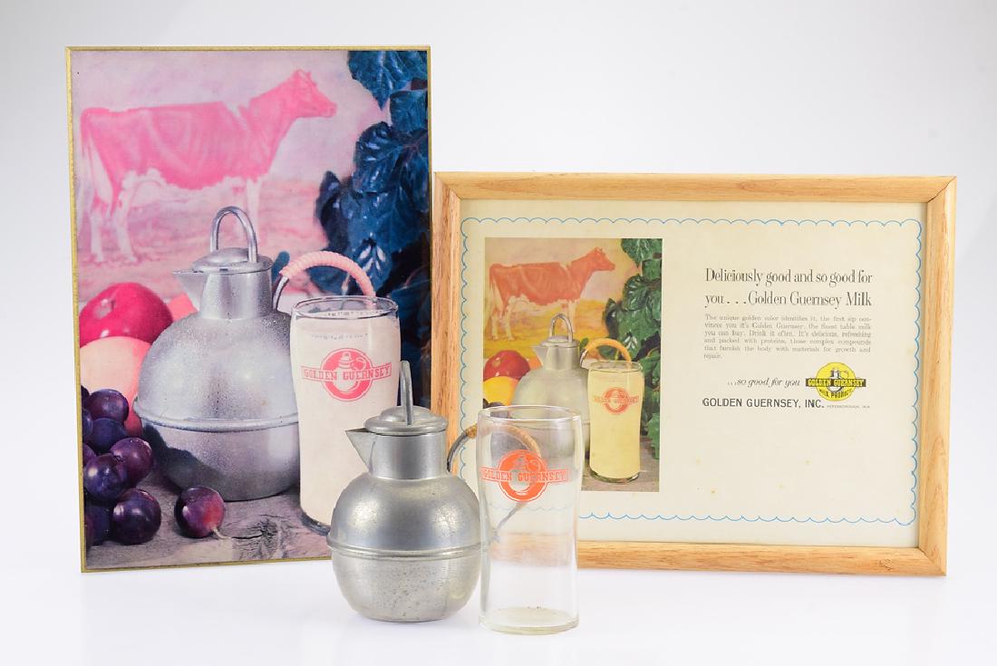 4Pcs Pewter Milk Jug GOLDEN GUERNSEY COLLECTIBLES: Details: 4Pcs Pewter Milk Jug GOLDEN GUERNSEY COLLECTIBLES Vintage/Antique Drinking Glass Logo Mounted Poster Milk Dairy Advertisement Agriculture Home This lot consists of Golden Guernsey milk glassw