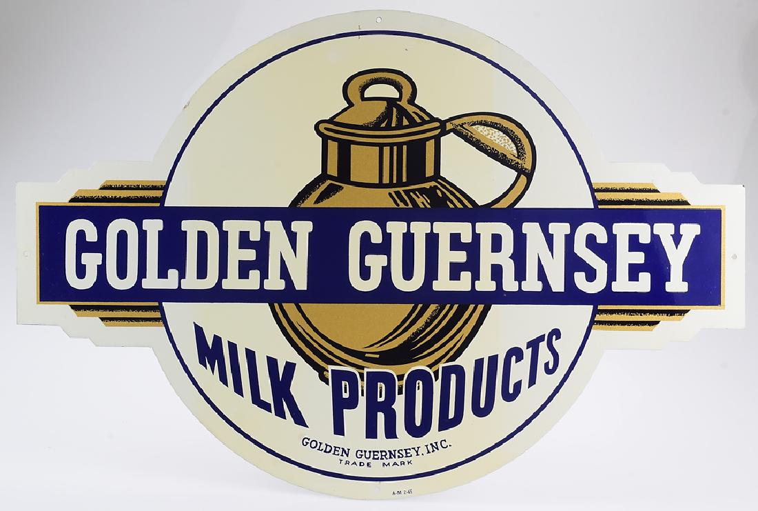 Vintage Advertising GOLDEN GUERNSEY METAL SIGN American: Details: Vintage Advertising GOLDEN GUERNSEY METAL SIGN American Dairy Marketing Milk Products Guernsey Jug Beverage Advertisement Home/Store This lot consists of a one-sided vintage Golden Guernsey m