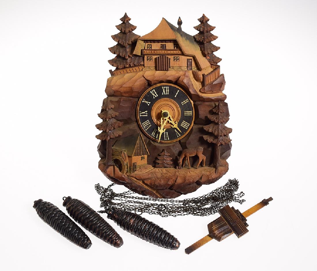 German Cuckoo Clock VINTAGE CHALET ON HILL STYLE: Details: German Cuckoo Clock VINTAGE CHALET ON HILL STYLE LIMITED PRODUCTION BLACK FOREST MUSICAL CLOCK c1958 Zither Player Music Box Maker: Unknown (a pine tree imprint appears on the back of the cas