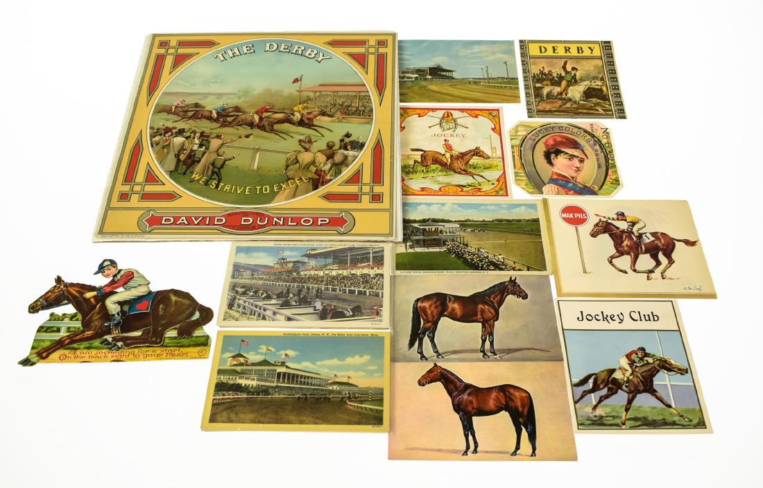 31Pcs Equestrian Horse Racing VINTAGE & ANTIQUE: Details: 31Pcs Equestrian Horse Racing VINTAGE & ANTIQUE ADVERTISING LABELS & POSTCARDS Tobacciana Cigar Box Labels Derby David Dunlop Jockey Club Lucky Colors A selection of items featured in this co