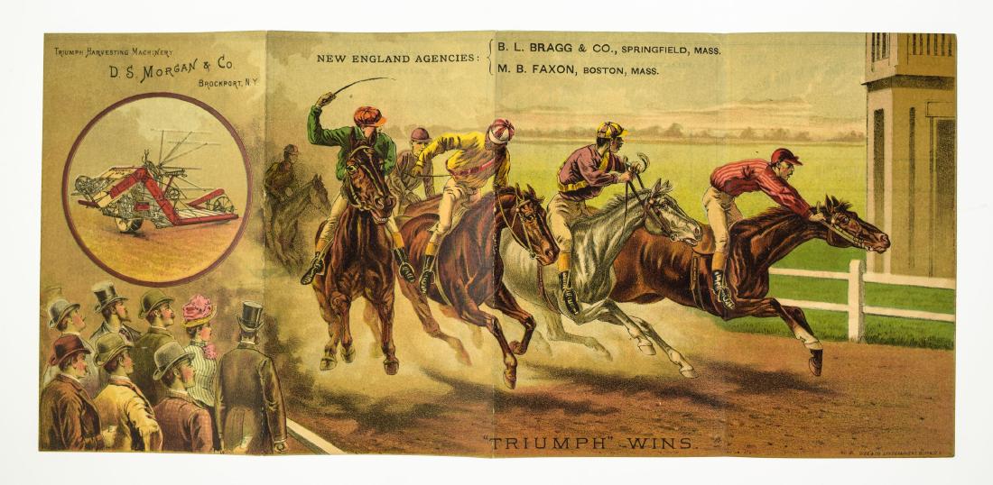 DS Morgan & Co ANTIQUE HORSE RACING TRADE CARD TRIUMPH: Details: DS Morgan & Co ANTIQUE HORSE RACING TRADE CARD TRIUMPH HARVESTING ADVERTISEMENT c1888 Giles & Co Lithographers Buffalo NY Lithograph Horses Artwork This c.1888 trade card features a color lit