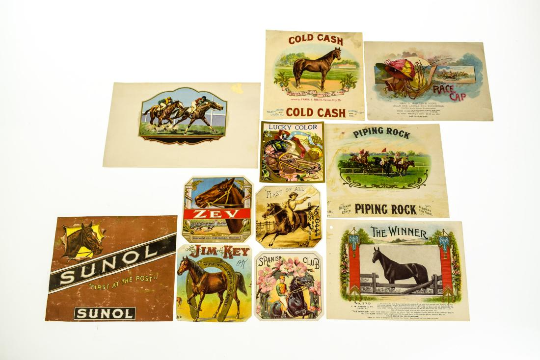11Pcs Horse Racing Tobacciana INNER & OUTER CIGAR BOX: Details: 11Pcs Horse Racing Tobacciana INNER & OUTER CIGAR BOX LABELS c1885-1920 Chromolithograph & Lithograph Salesman's Samples File Copies Race Cap Piping Rock Cold Cash Winner Sunol Spanish Club L