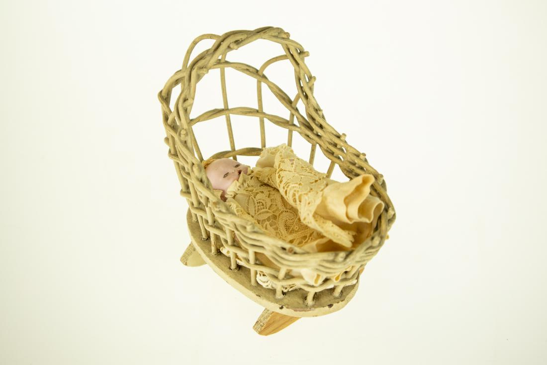 Infant Bottle ANTIQUE BISQUE DOLL AND WICKER CRADLE: Infant Bottle ANTIQUE BISQUE DOLL AND WICKER CRADLE Fixed Head Germany Jointed Body Porcelain Original Clothing Gown Bloomers Infant Bottle ANTIQUE BISQUE DOLLS AND WICKER CRADLE Fixed Head Germany Jo