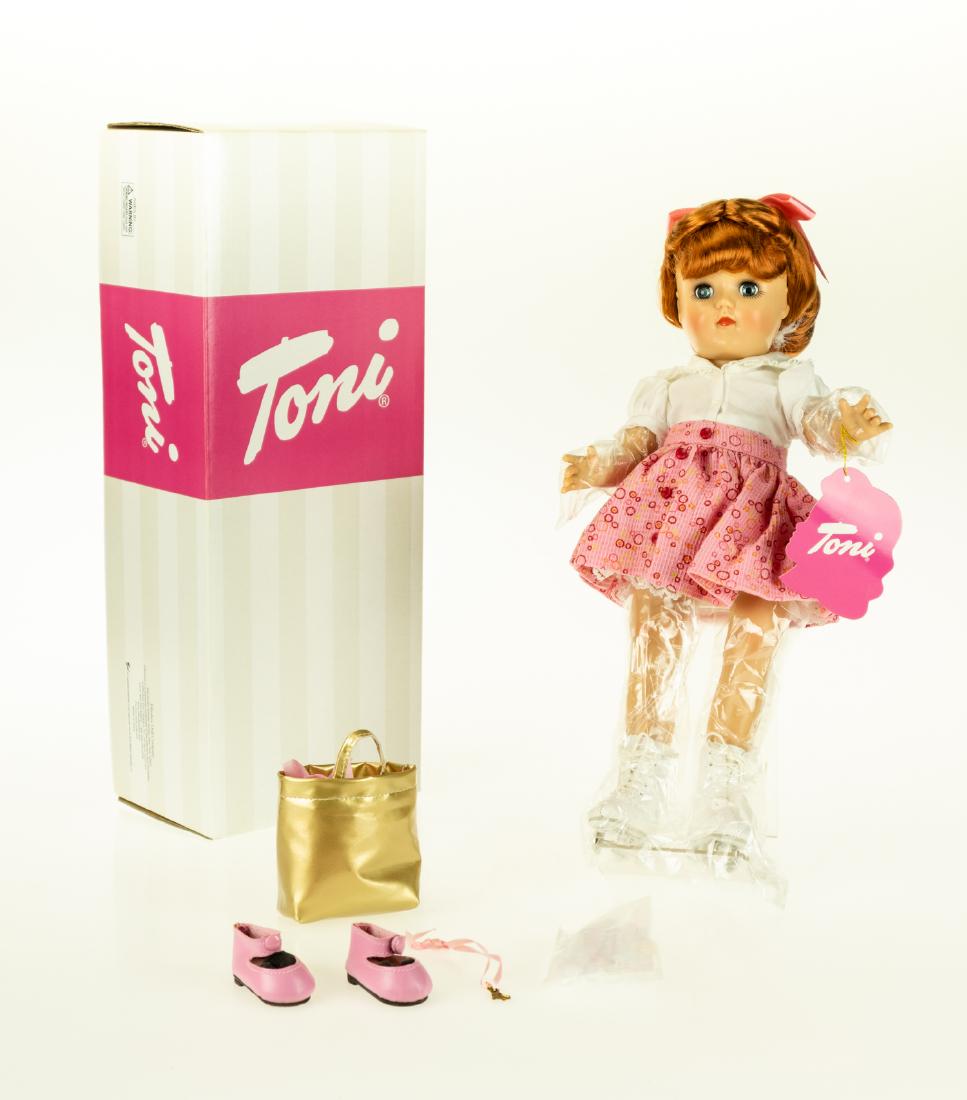 Rare NIB EFFANBEE TONI DOLL ON ROLLER SKATES 14 INCH: Rare NIB EFFANBEE TONI DOLL ON ROLLER SKATES 14 INCH Pink At The Rink Brand New Original Box Pink Shoes White Socks Golden Shopping Bag Hard Plastic Sleep Eyes Red Hair Hair Net Bow Made in China For