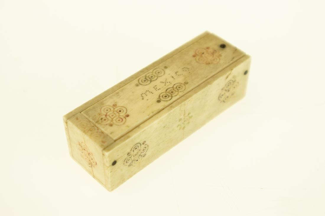 Antique Bone MINIATURE DOMINOES Game Carved Decorated: Details: This is an antique miniature set of bone dominoes. This tiny version of the popular game is housed in a carved decorated bone case from Mexico which may have been a souvenir. The case measure