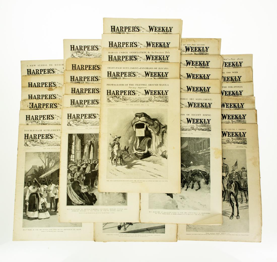 42Pcs Antique Newspapers HARPER'S WEEKLY A JOURNAL OF: Details: This lot is comprised of approximately 42 issues of â€œHarperâ€™s Weekly, A Journal of Civilizationâ€ from July -December 1898 and January - May of 1899. Issues from this decade o