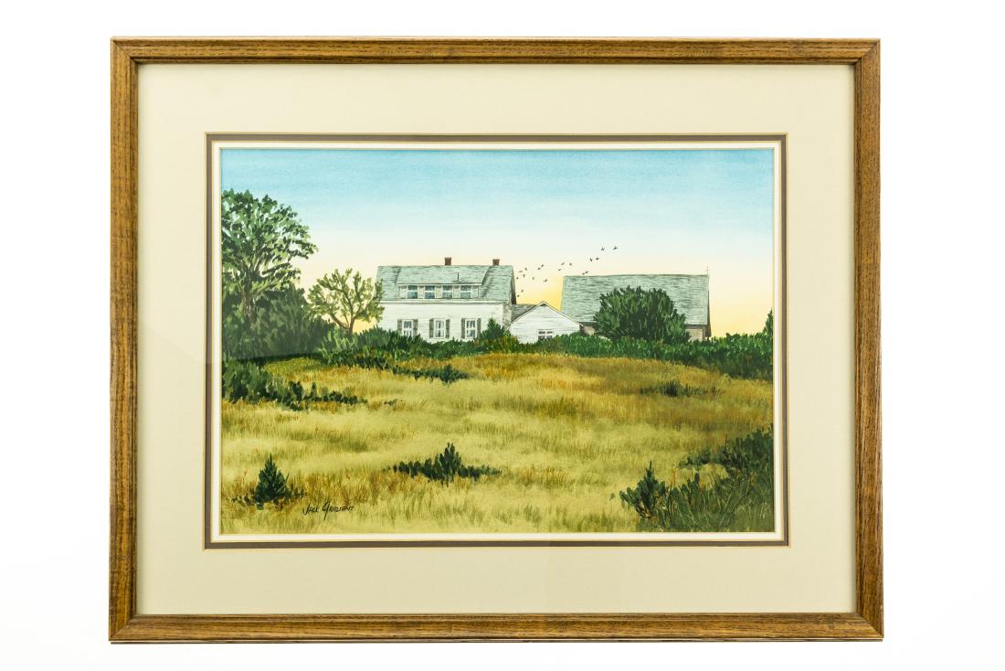 Jack Graziano GRASSY MEADOW & HOUSE ORIGINAL WATERCOLOR: Details: This framed, original watercolor painting comes directly from the artistâ€™s estate. This beautiful painting features a bucolic coastal scene, with a grassy meadow and picturesque farmho