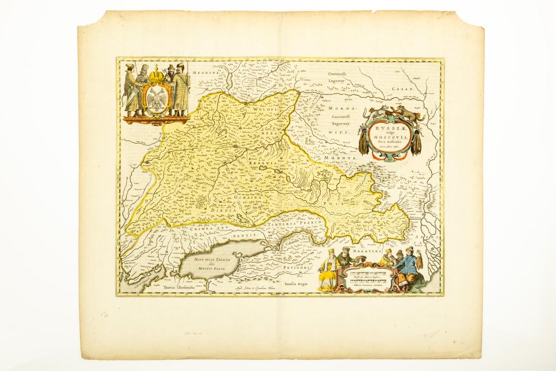 Antique Map RUSSIAE VULGO MOSCOVIA PARS AUSTRALIS: Antique Map RUSSIAE VULGO MOSCOVIA PARS AUSTRALIS AUCTORE ISAACO MASSA c1662 Blaeu Copper-Plate Engraving Hand-Colored Cartouches Fossa Kamouz Canal Ukraine Ocraina Russia Moscow South Issac Massa Wol