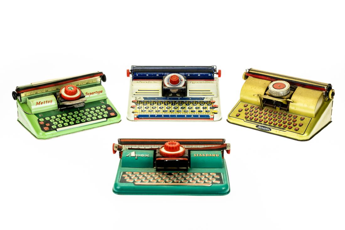 4Pcs Vintage Toys ANTIQUE TIN TOY TYPEWRITERS Classic: 4Pcs Vintage Toys ANTIQUE TIN TOY TYPEWRITERS Classic Look Brightly Colored Children Apex Standard German Junior Typewriter Mettoy Supertype Great Britain Berwin Gold Typewriter Kenilworth New Jersey