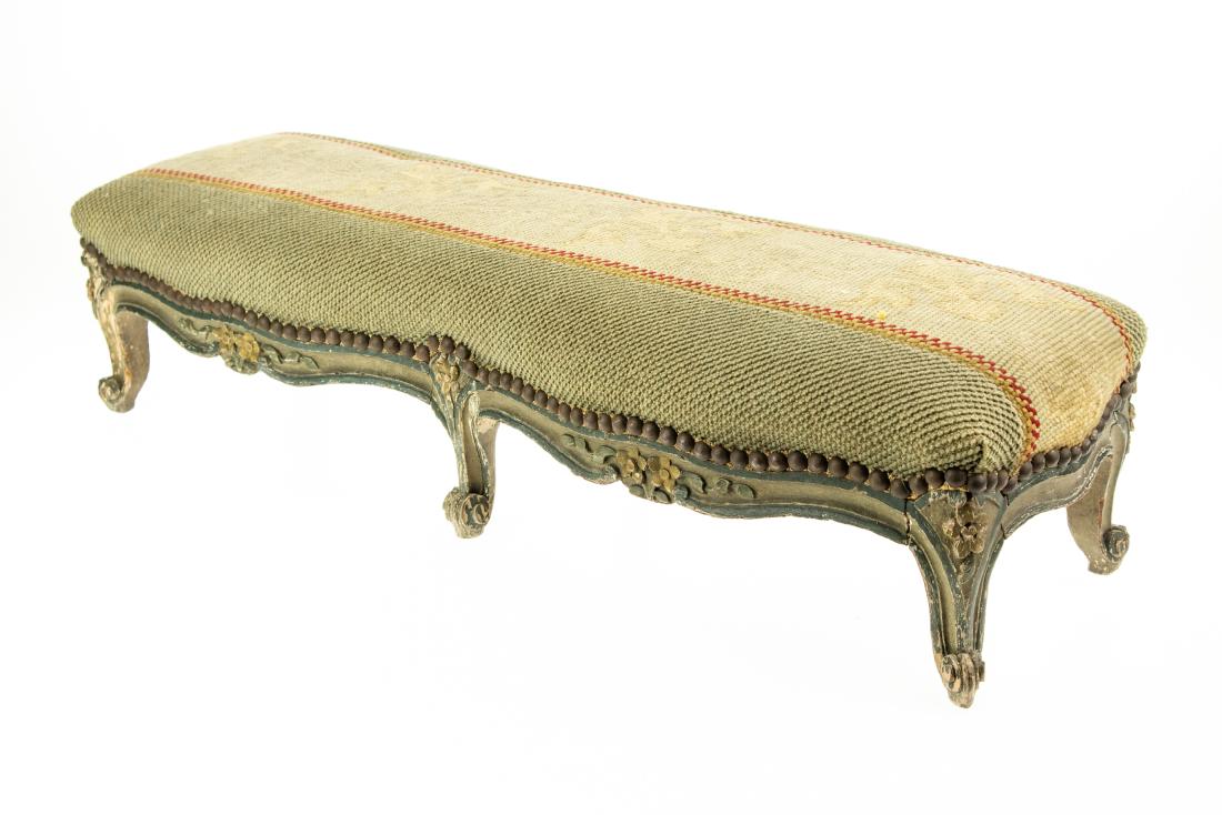 Victorian Footstool ANTIQUE HAND-PAINTED NEEDLEPOINT: Victorian Footstool ANTIQUE HAND-PAINTED NEEDLEPOINT DOUBLE STOOL c1880 Hobnailed Unusual Shape Detailed Moldings Carved Legs Florets Furniture Footrest Details: This antique hand-painted needlepoint 