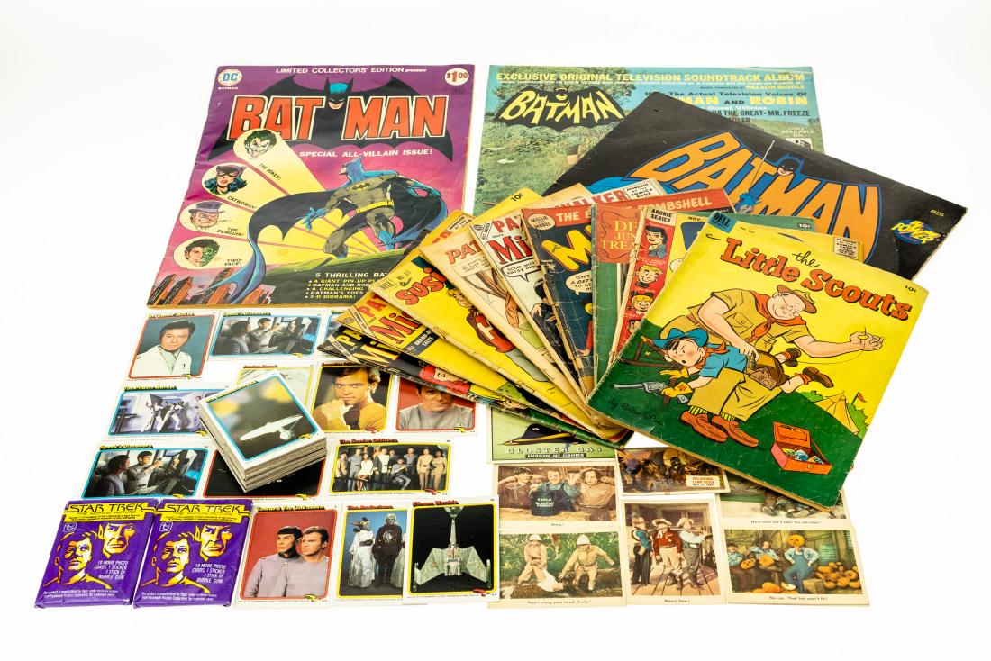 80Pcs Collectible Pop Culture VINTAGE CHILDRENS COMICS: 80Pcs Collectible Pop Culture VINTAGE CHILDRENS COMICS RECORDS TRADING CARDS 10 Cent Comics Star Trek Batman The Little Scouts Susie Q Smith Archie Millie the Model Soundtrack Nelson Riddle Catwoman S