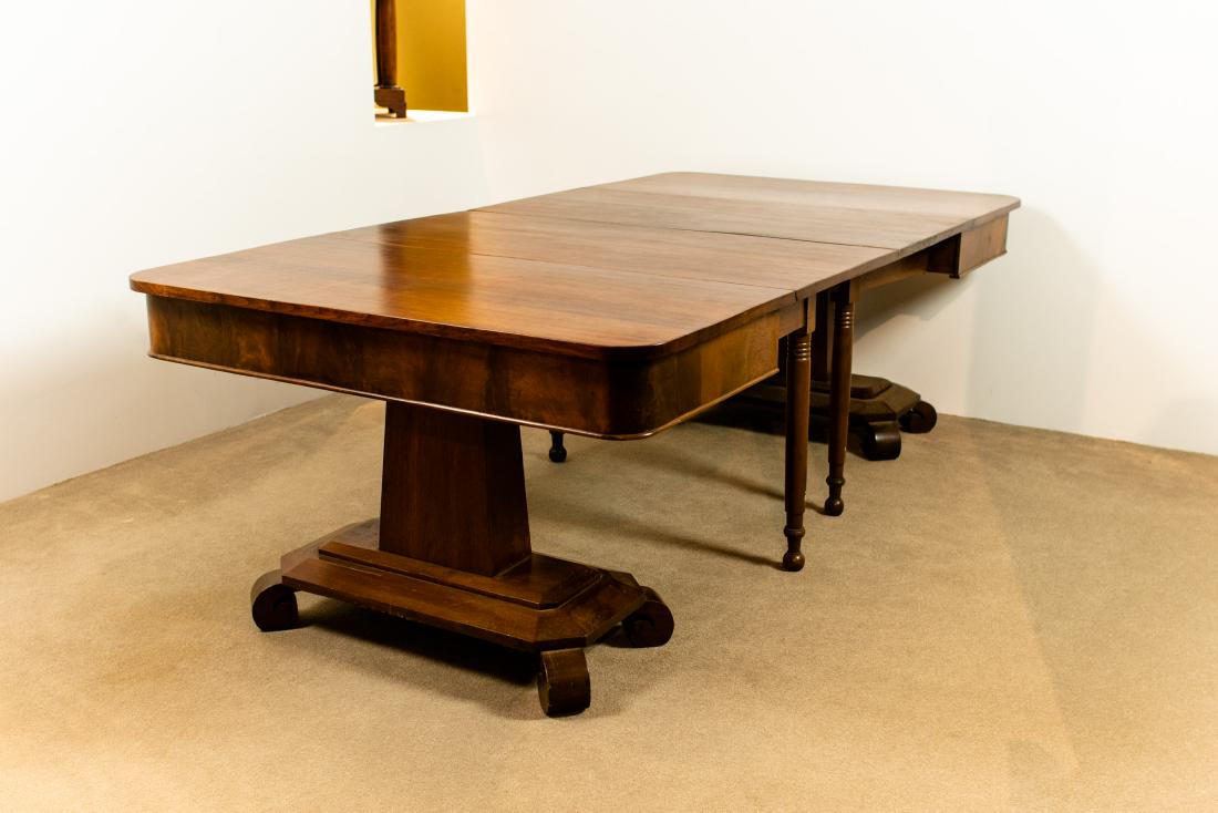 Empire Style ANTIQUE BANQUET TABLE c1840 Two-Piece: Empire Style ANTIQUE BANQUET TABLE c1840 Two-Piece Likely Cherry Double Swing Legs Full Size 96 x 48 Folded 47 x 48 Each Half Beautiful Construction Details: This stunning antique two-piece, c1840 Em