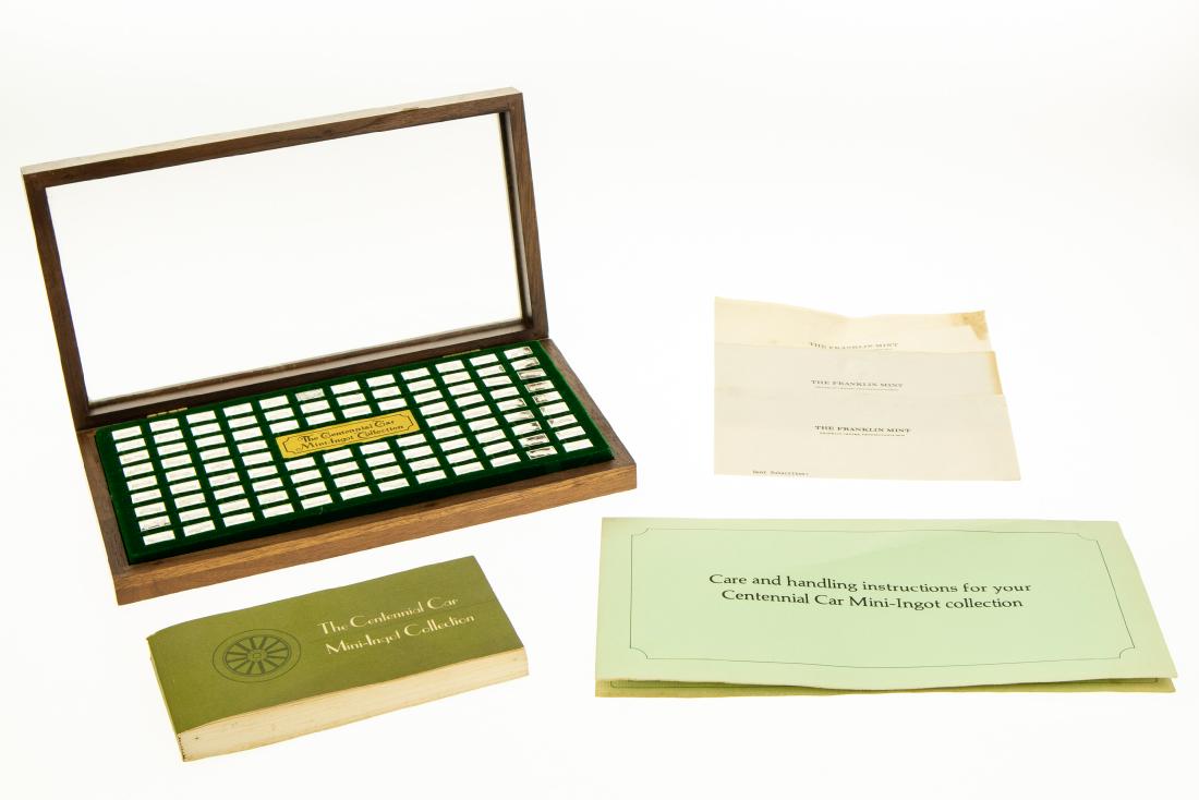 Franklin Mint STERLING SILVER CENTENNIAL CAR MINI-INGOT: Franklin Mint STERLING SILVER CENTENNIAL CAR MINI-INGOT COLLECTION Complete Includes Booklet and Documentation Wood Display Case Ferrari Aston Martin Rover Stutz Marmon Bugatti Jaguar Chevrolet Duryea