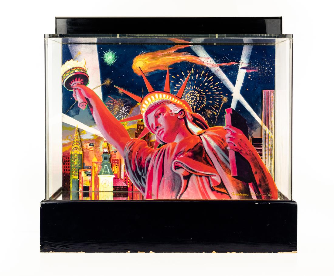William Nelson MIXED-MEDIA SCULPTURE/DIORAMA MANHATTAN: William Nelson MIXED-MEDIA SCULPTURE/DIORAMA MANHATTAN SKYLINE STATUE OF LIBERTY Signed Original Black Lit Vivid NYC Skyline World Trade Center Chrysler Empire State Clock Buildings Fireworks Comet Am
