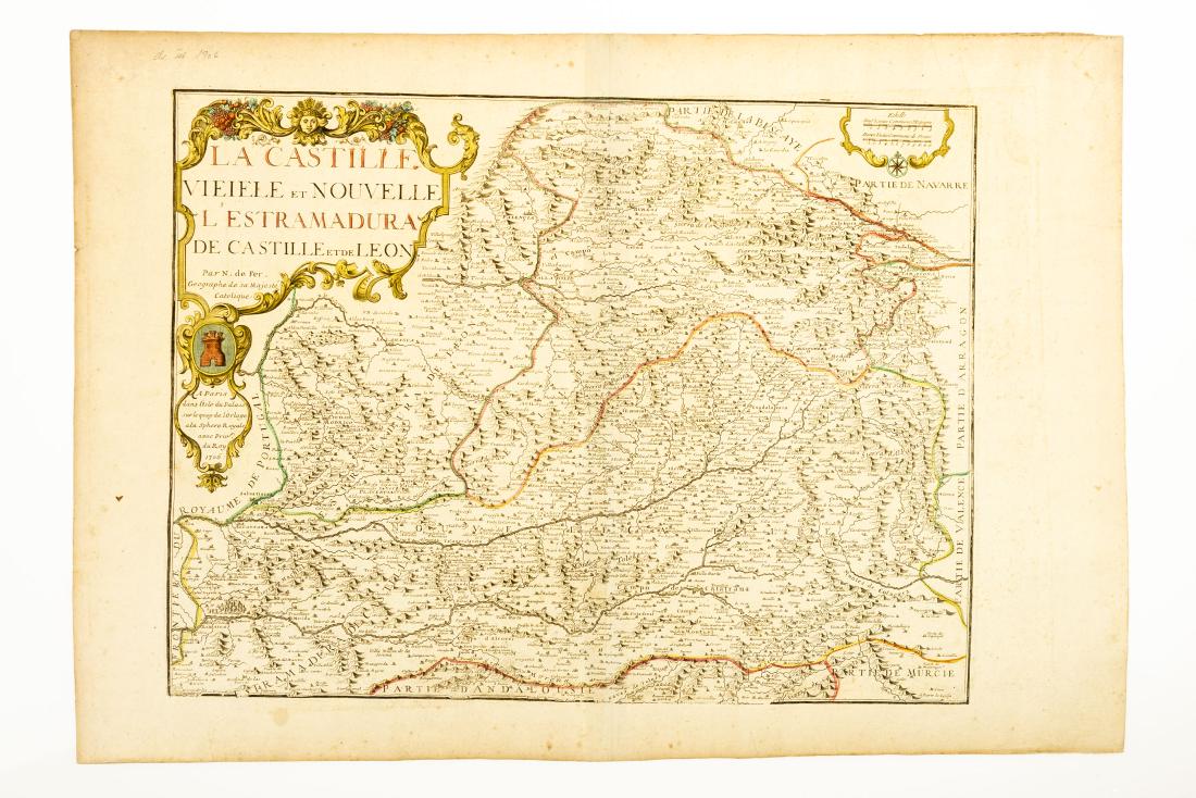 Antique Map LA CASTILLE VIEIELE ET NOUVELLE L: Antique Map LA CASTILLE VIEIELE ET NOUVELLE L ESTRAMADURA DE CASTILLE ET DE LEON 1706 Nicholas de Fer Scarce Watermarked Paper Hand-Colored Copper-Plate Engraving Spain Estremadura Sierra Piquera Amar