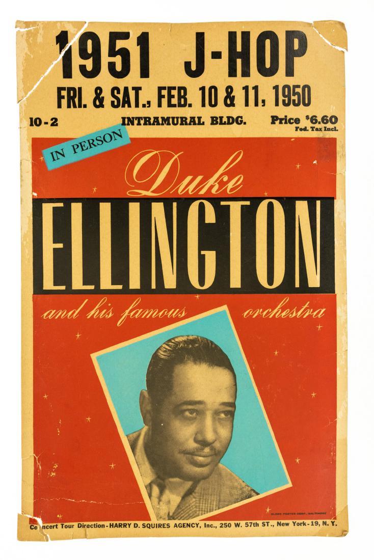 Collectible Advertisement ORIGINAL DUKE ELLINGTON: Collectible Advertisement ORIGINAL DUKE ELLINGTON POSTER 1950 Musical Performance Feb 10 and 11 J-HOP Intramural Building Orchestra Harry D Squires Agency 1951 Details: An original poster advertisemen