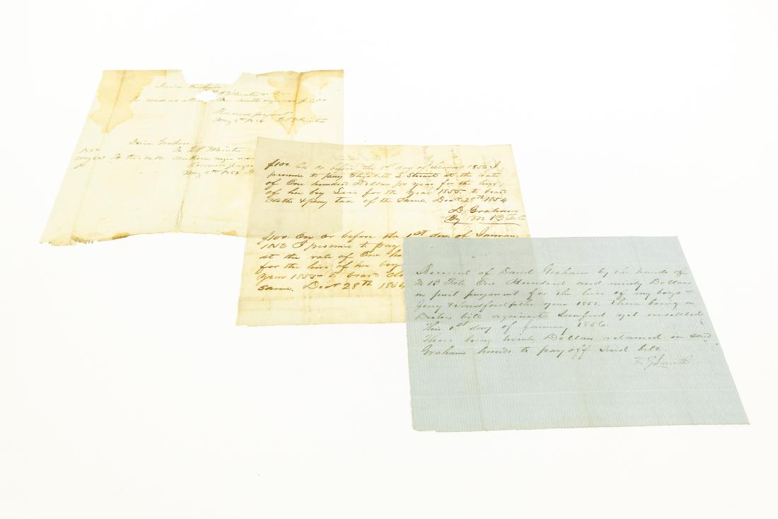3Pcs Antique Documents PROMISSORY NOTES RENTAL OF: 3Pcs Antique Documents PROMISSORY NOTES RENTAL OF SLAVES AND MEDICAL CARE 1854 1856 David Graham M B Tate F G Smyth Jerry Sandford Elizabeth S Stuart Levi Hannibal Dr G B Painter Pierce Smith Slavery