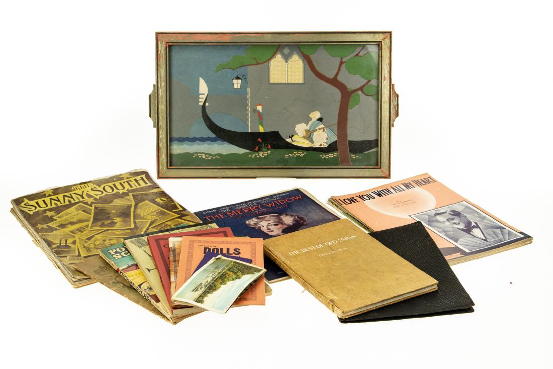 46Pcs Vintage and Antique ESTATE EPHEMERA AND: 46Pcs Vintage and Antique ESTATE EPHEMERA AND COLLECTIBLES Hand-Illumined Vellum Cleveland Trust Company Best of Old Japan Francis Haar Framed Artwork Decorative Sheet Music Postcards Popular Science