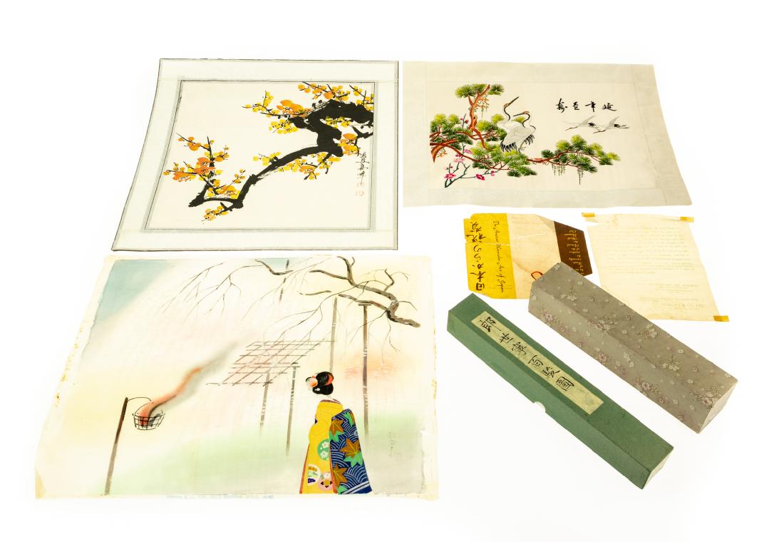 5Pcs Vintage and Antique ASIAN ARTWORK Japanese Chinese: 5Pcs Vintage and Antique ASIAN ARTWORK Japanese Chinese Lang Shih-ning Giuseppe Castiglione Embroidery Scrolls Original Watercolor Painting on Silk Framed Boxed Plants Cranes Horses One Hundred Stalli