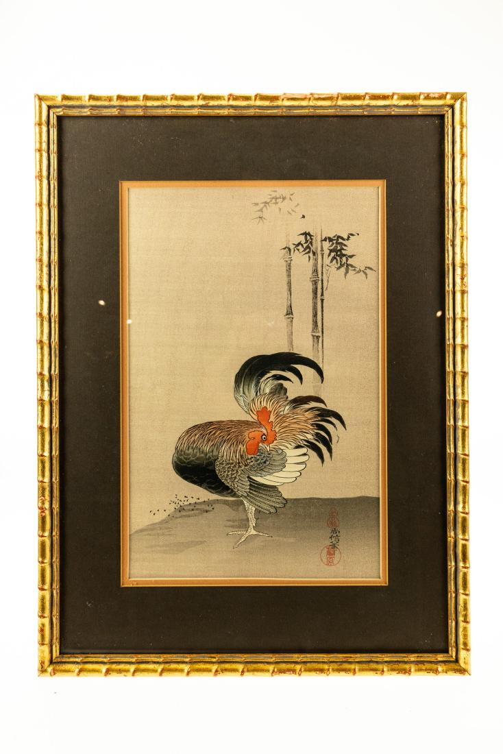 Kano Naonobu A COCK/COCKEREL WITH BAMBOO Framed: Kano Naonobu A COCK/COCKEREL WITH BAMBOO Framed Woodblock Print c1925 Rooster Color Contrast Japanese Artist Kano School Edo Period Details: This c1925 framed woodblock print by Kano Naonobu is titled
