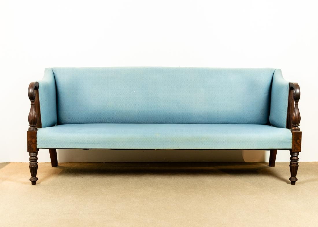 Furniture ANTIQUE VICTORIAN PARLOR SOFA Elegant Carved: Furniture ANTIQUE VICTORIAN PARLOR SOFA Elegant Carved Mahogany Burlwood Veneer Sky-Blue Patterned Upholstery Details: Carved mahogany and burlwood veneer trim enhance this antique Victorian parlor so