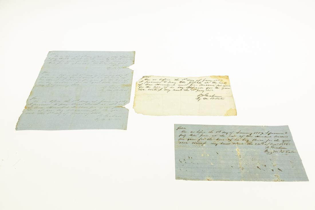 3Pcs Antique Documents PROMISSORY NOTES RENTAL OF: 3Pcs Antique Documents PROMISSORY NOTES RENTAL OF SLAVES 1855 1856 1857 David Graham M B Tate Eli Jefson Alfred Peter Jones Sarah Smith Brice Hal Richard Alexander Slavery US History Receipt of Paymen