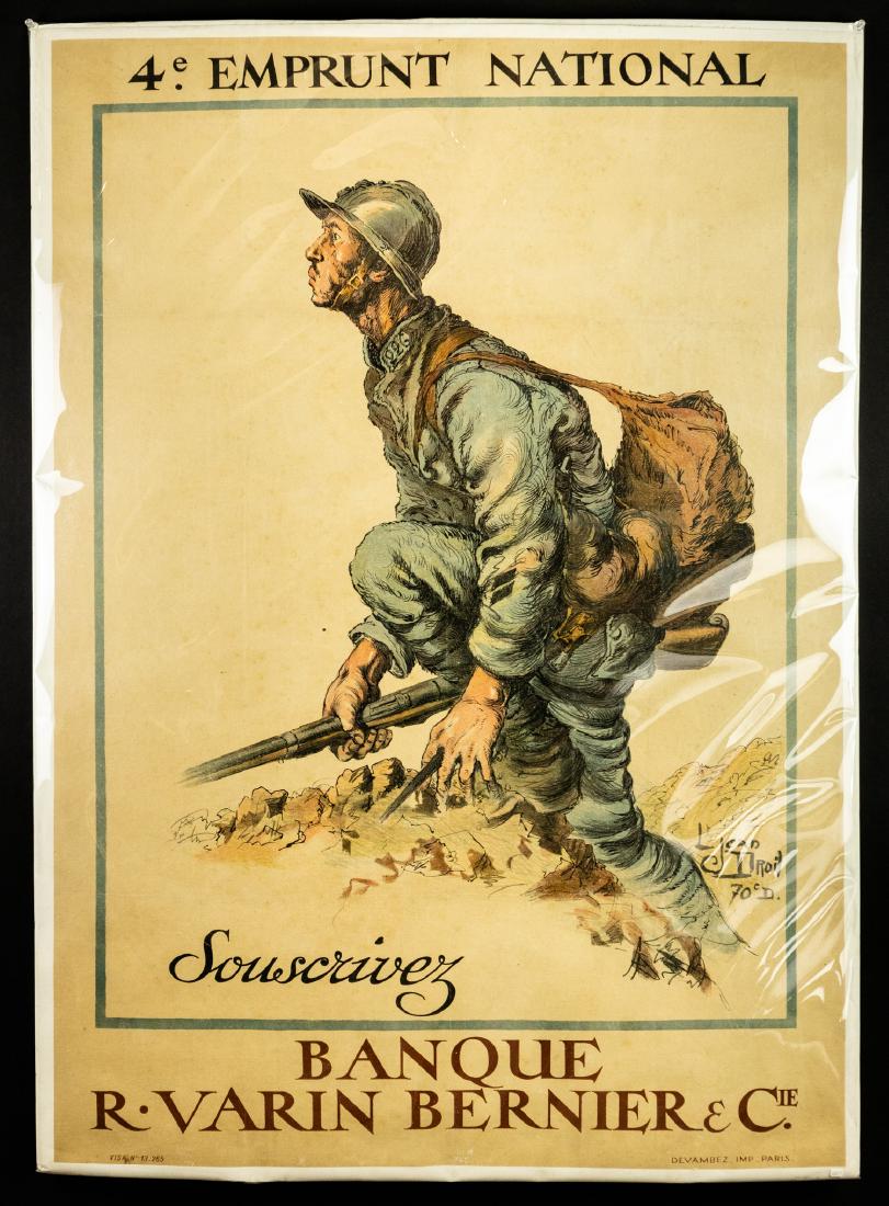 Collectible Poster ORIGINAL WWI FRENCH PROPAGANDA: Collectible Poster ORIGINAL WWI FRENCH PROPAGANDA POSTER Souscrivez L Jean Droit Banque R Varin Bernier et Cie Paris Uniformed Soldier Weapons War Enlist Details: This lot consists of an original WWI 