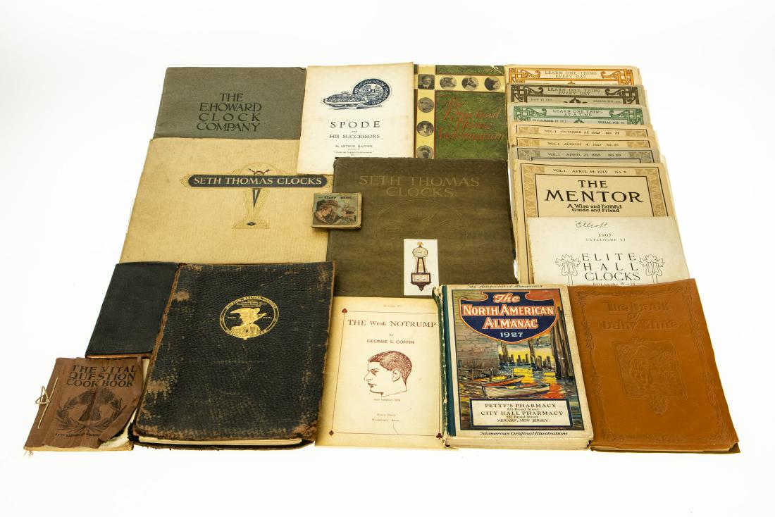 20Pcs Vintage and Antique ESTATE EPHEMERA AND MAGAZINES: 20Pcs Vintage and Antique ESTATE EPHEMERA AND MAGAZINES Clocks Advertising Signed The Weak Notrump George S Coffin Card Game Bridge Old Master Coffee Vital Question Cook book Issues of The Mentor Illu
