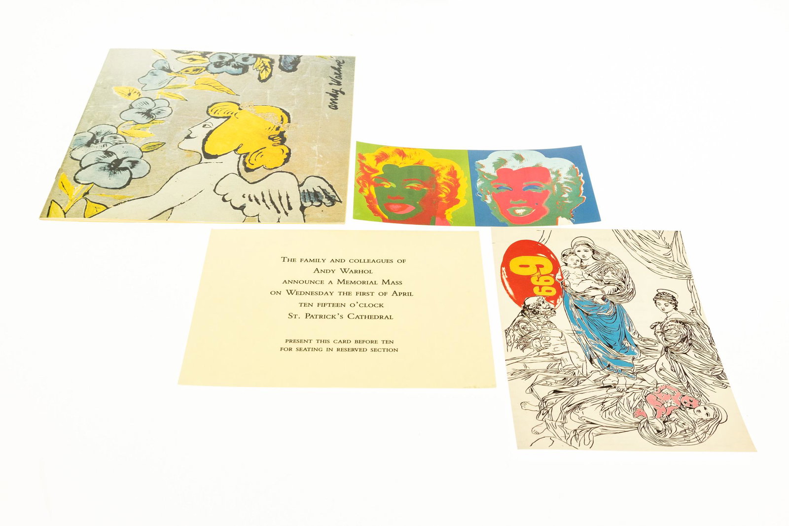 4Pcs ANDY WARHOL EPHEMERA Original Announcement and: 4Pcs ANDY WARHOL EPHEMERA Original Announcement and Invitation Card 1987 Memorial Mass Program Card with Warhol′s Raphael I Post‐Mass Memorial Lunch Card with Reproduction of Marilyn Dipty