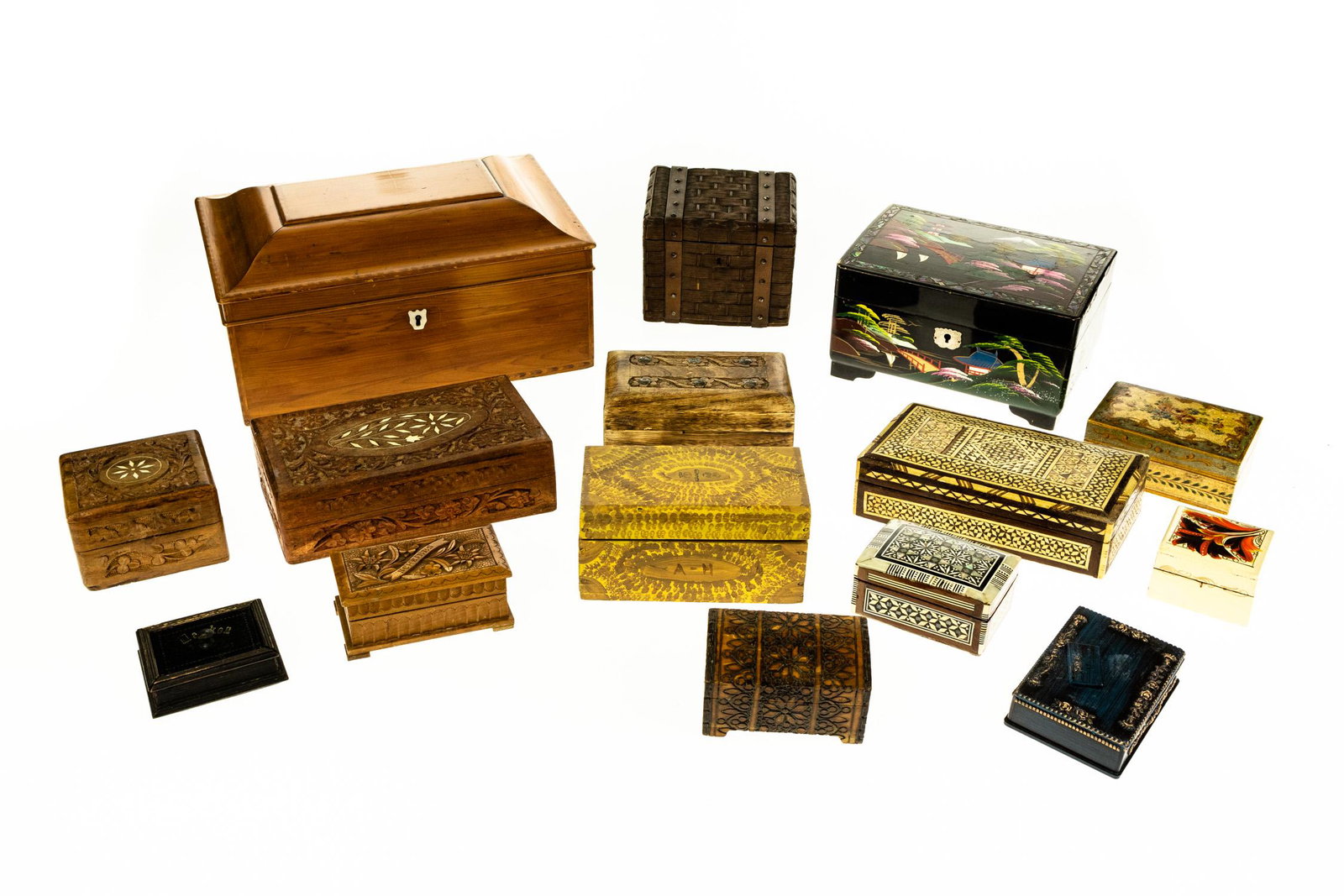 15Pcs ANTIQUE ESTATE BOXES & MUSIC BOXES Hand‐: 15Pcs ANTIQUE ESTATE BOXES & MUSIC BOXES Hand‐Painted Pennsylvania Dutch Tramp Art Inlay Wood‐Burned Mother‐of‐Pearl Inlay Hand‐Carving Chinese Lacquer Frame Drawers 