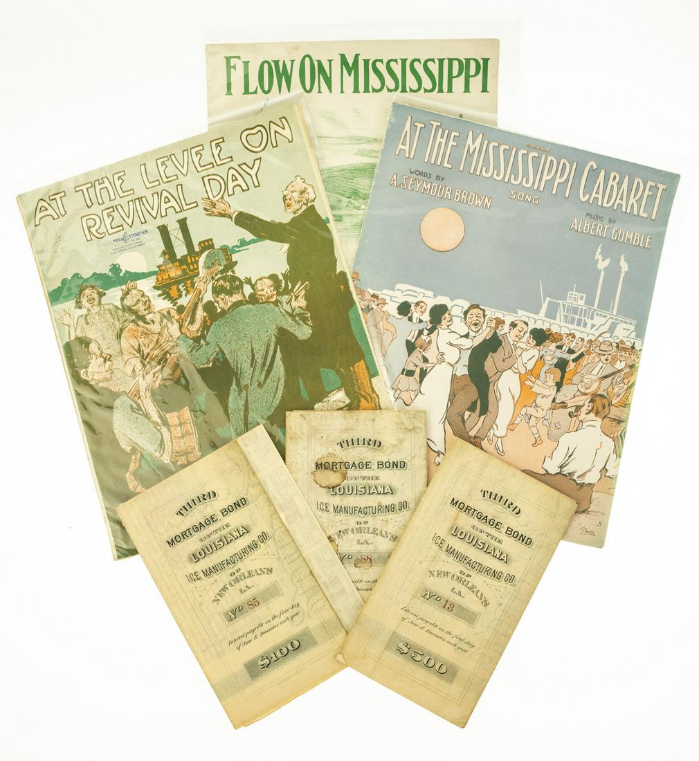 6Pcs ANTIQUE SOUTHERN EPHEMERA Third Mortgage US Bonds: 6Pcs ANTIQUE SOUTHERN EPHEMERA Third Mortgage US Bonds Coupons Louisiana Ice Manufacturing Company Mississippi River Music Sheets Flow on Mississippi Oakley & Payton At the Levee on Revival Day Mc