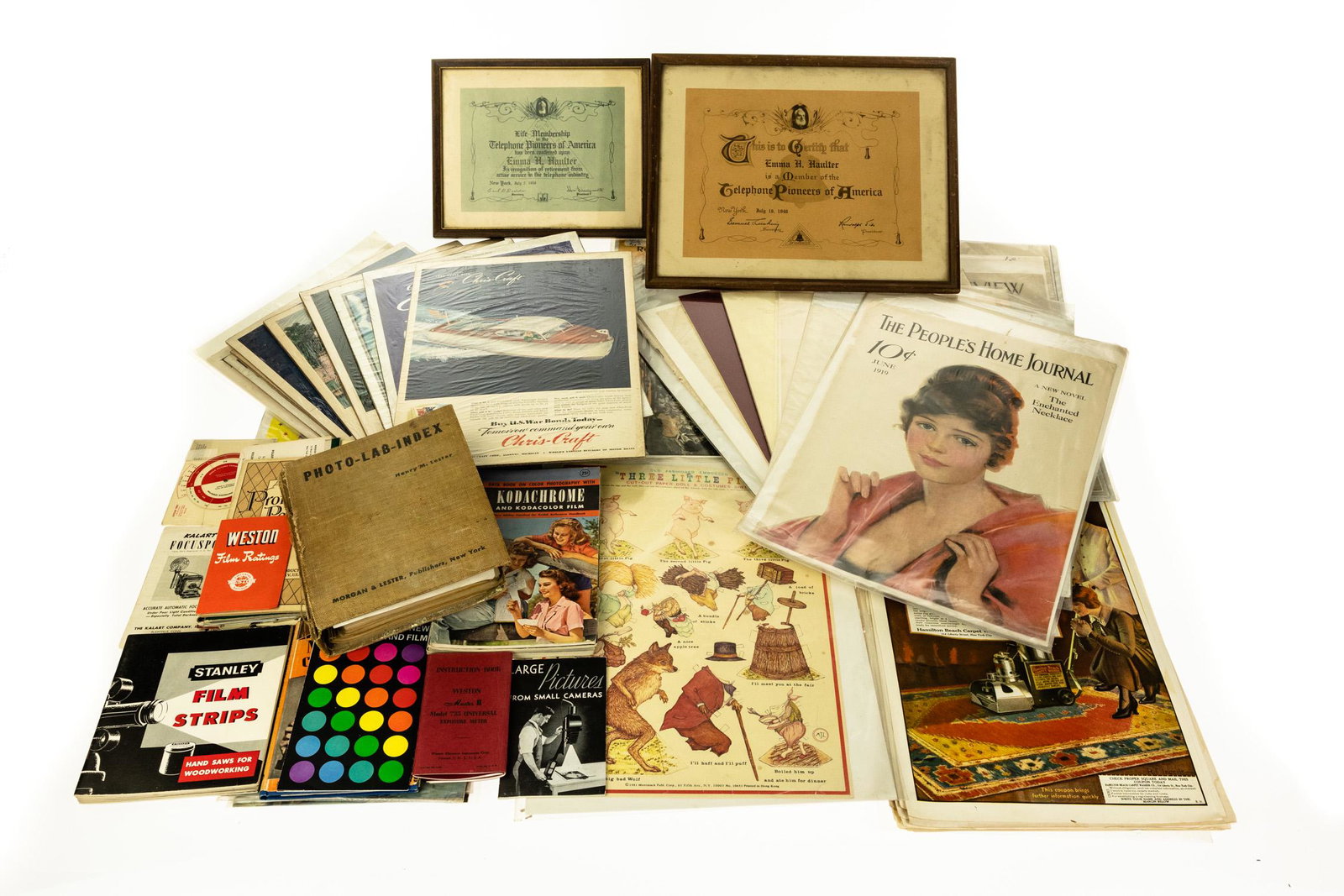 133Pcs COLLECTIBLE VINTAGE AND ANTIQUE ESTATE EPHEMERA: 133Pcs COLLECTIBLE VINTAGE AND ANTIQUE ESTATE EPHEMERA Photography Calendars almanacs Advertising Chris‐Craft Hamilton Beach Florient Talc Peoples Home Journal Ladies Home Journal Lagenderfer Co