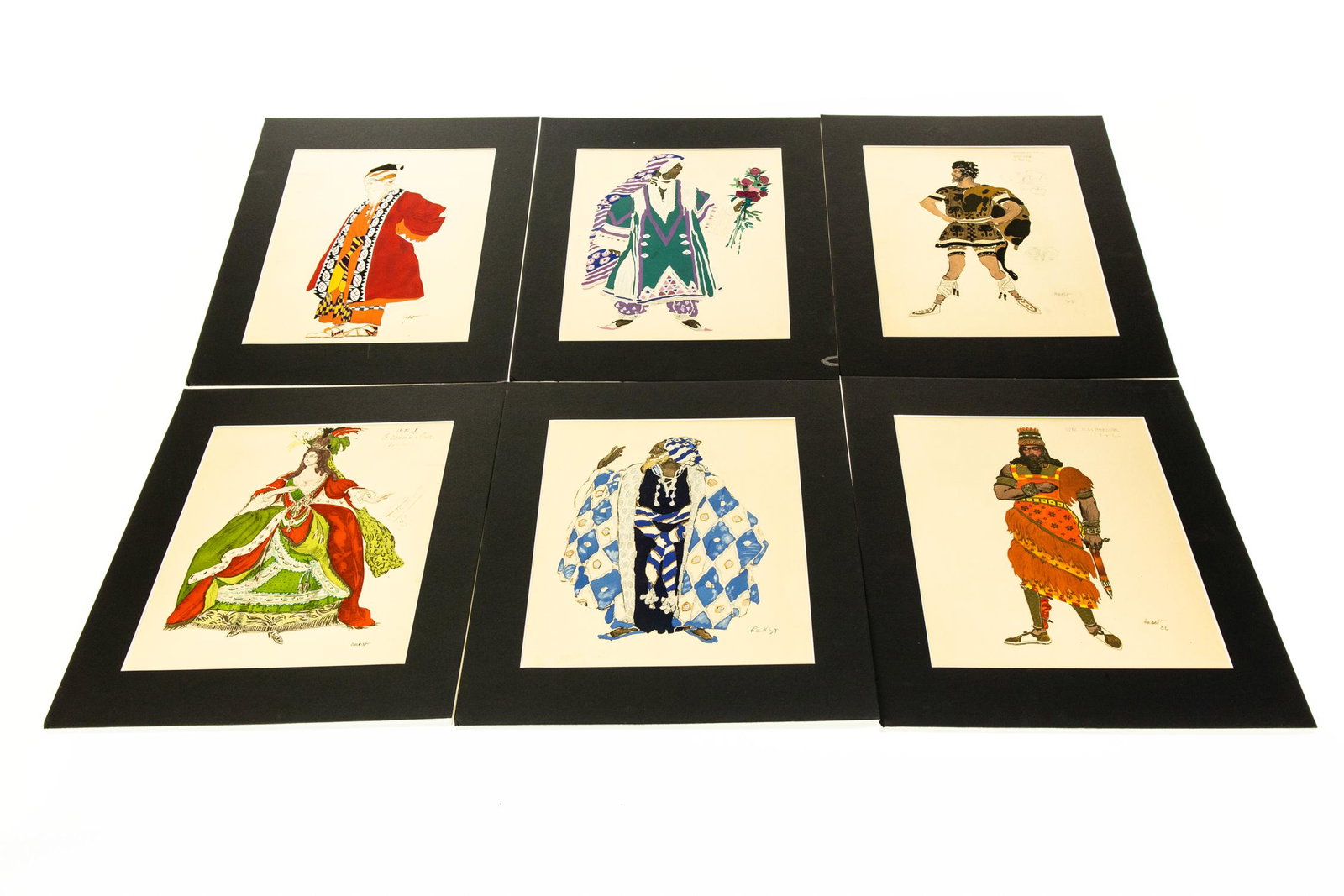 6Pcs Leon Bakst SERIGRAPHS Costumes Theater: 6Pcs Leon Bakst SERIGRAPHS Costumes Theater Brightly‐Colored Detailed Belarusian Painter Scene and Costume Designer Exotic Art Prints Details: This lot is comprised of six serigraphs by Leon Bak
