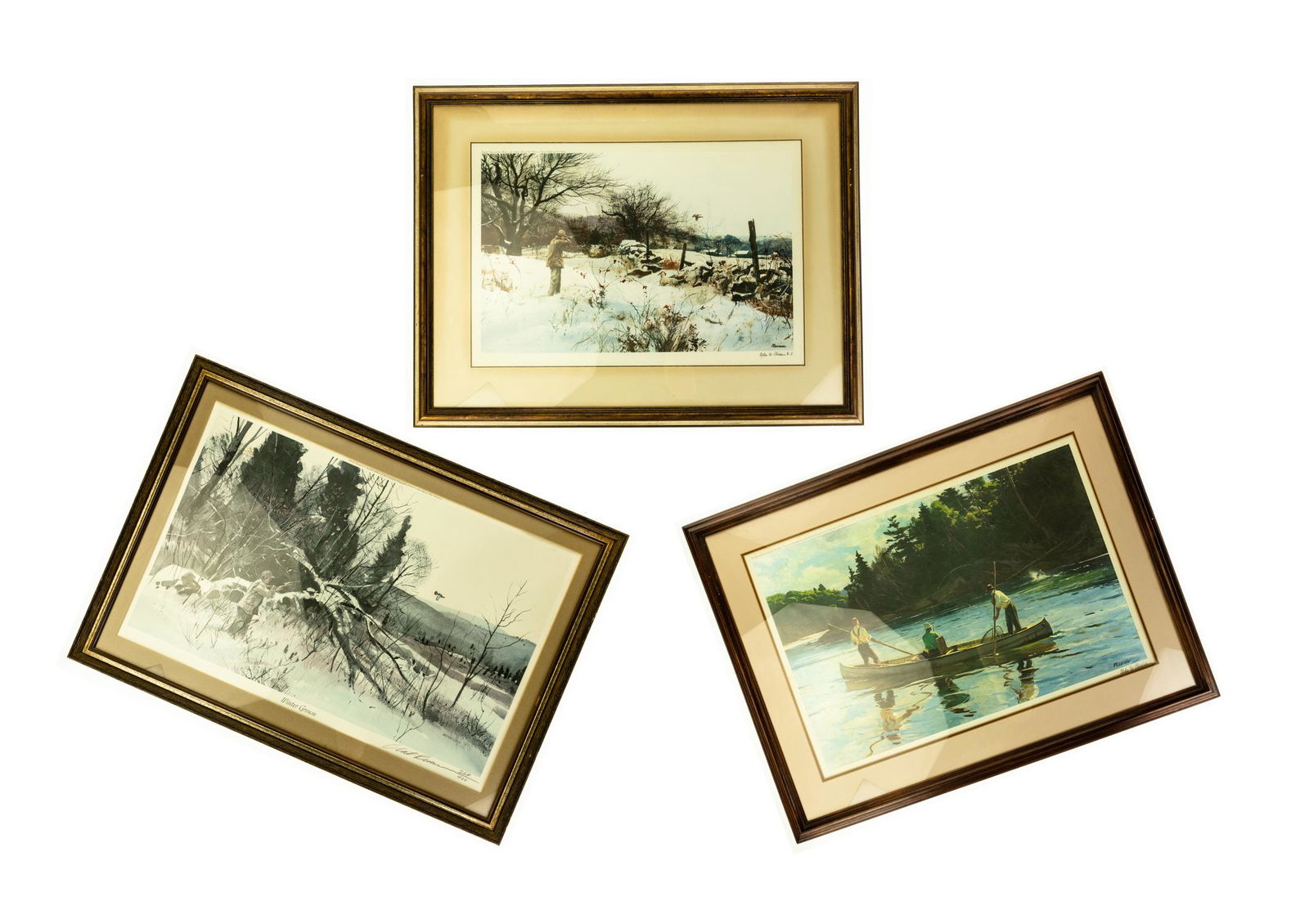 3Pcs FRAMED SPORTING ART PRINTS Signed Limited Edition: 3Pcs FRAMED SPORTING ART PRINTS Signed Limited Edition Chet Reneson Winter Grouse Watercolorist Ogden M. Pleissner American Painter Landscapes Fishing Hunting Winter Bird Artwork Details: This lot is