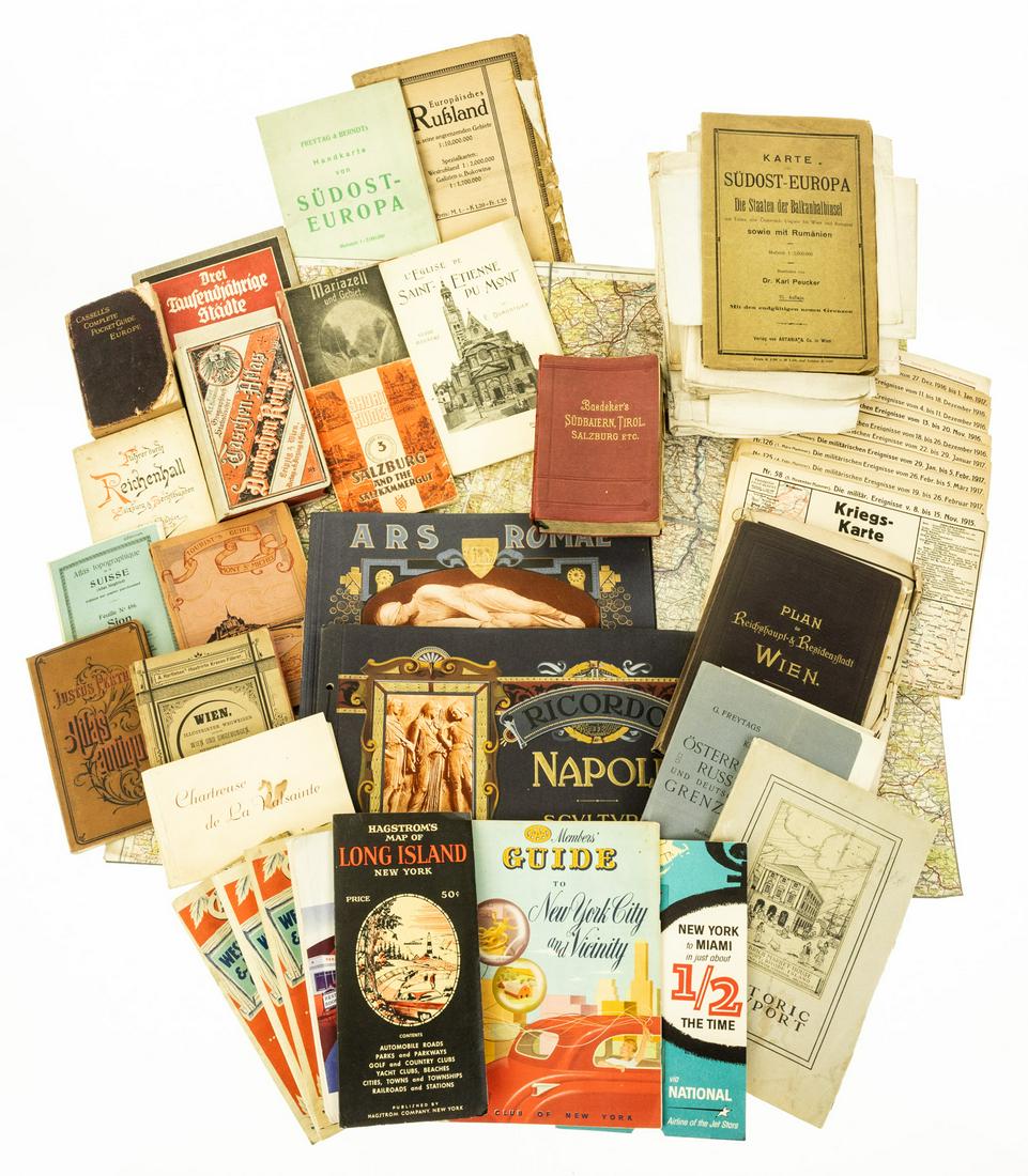 95Pcs VINTAGE & ANTIQUE TRAVEL EPHEMERA & MAPS: 95Pcs VINTAGE & ANTIQUE TRAVEL EPHEMERA & MAPS Baedeker′s Sudbaiern Tirol Salzburg Military Maps c1890 Massive German Folding Map Stuttgart Heidelberg Souvenir Postcard Booklet Russia Sw