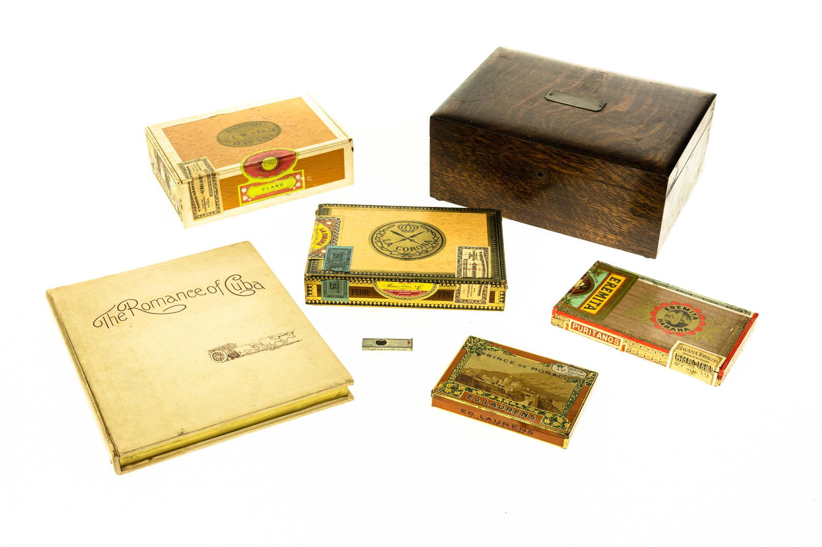 7Pcs VINTAGE & ANTIQUE TOBACCIANA Tiger Oak Humidor: 7Pcs VINTAGE & ANTIQUE TOBACCIANA Tiger Oak Humidor Glass‐Lined Decorative Cigar Boxes Wood Advertising Cigarette Tobacco Ed. Laurence Alexandrie‐Caire Prince de Monaco Metal Box Eremi