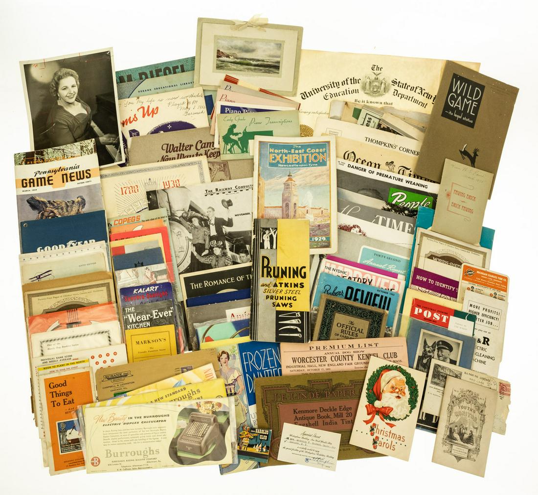 80Pcs VINTAGE AND ANTIQUE ESTATE EPHEMERA Advertising: 80Pcs VINTAGE AND ANTIQUE ESTATE EPHEMERA Advertising Music Brochures Magazine Bakers Review Monitor DeSoto Car Dr Scholl′s Scientific Shoes Piano Transcriptions Matthew Piano House Utica NY Ref