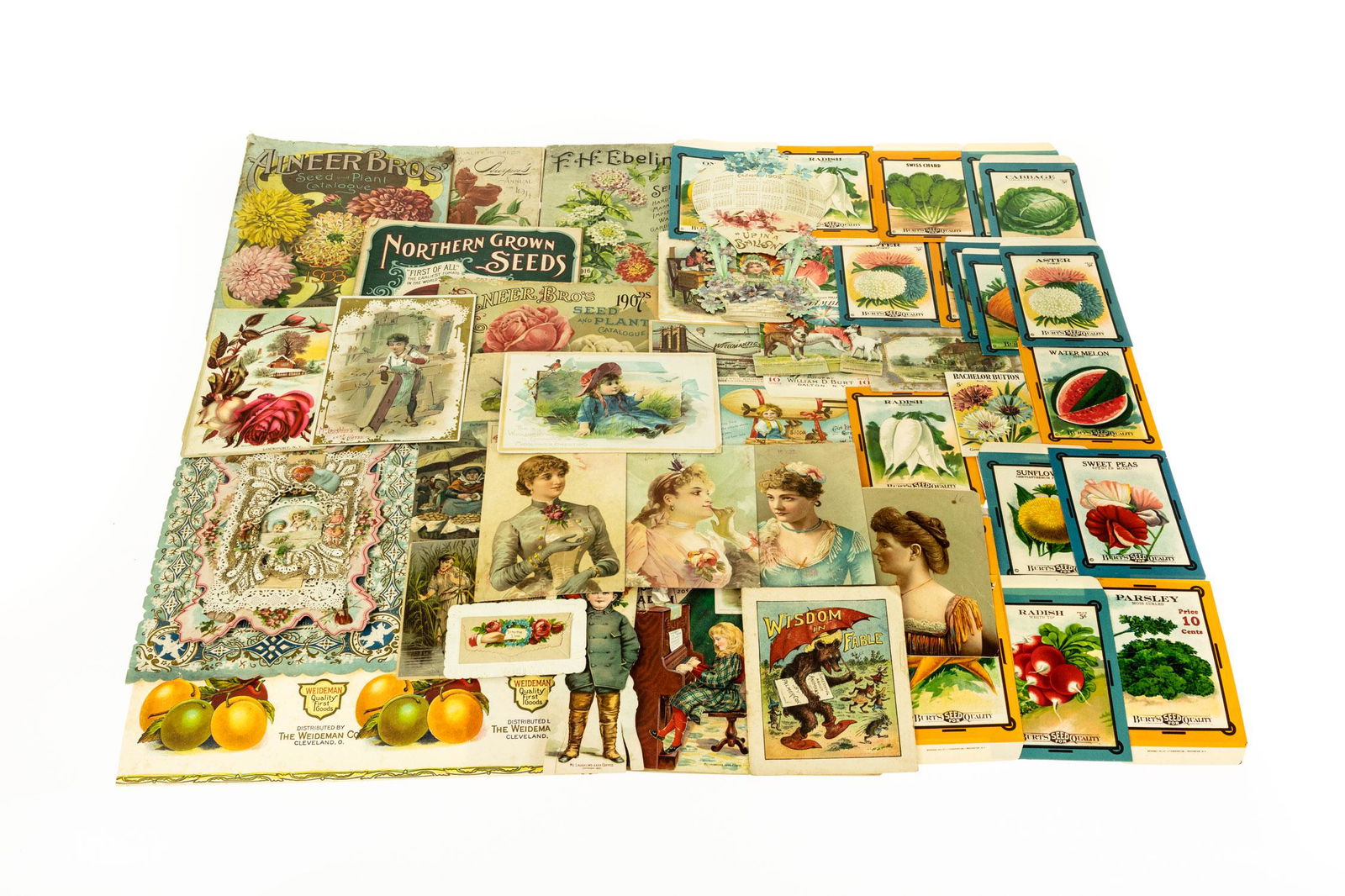 100Pcs ANTIQUE CHROMOLITHOGRAPH ILLUSTRATIONS New Old: 100Pcs ANTIQUE CHROMOLITHOGRAPH ILLUSTRATIONS New Old Stock Trade Cards Seed Catalogs Seed Pouches Valentines Die‐Cuts Printer′s Sheets Flowers Vegetables Dogs Children Postcards Greetings