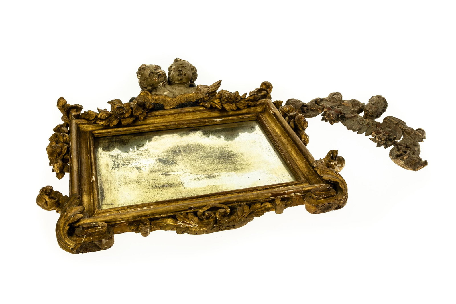2Pcs ANTIQUE GILT FRAMED CHERUB MIRROR &: 2Pcs ANTIQUE GILT FRAMED CHERUB MIRROR & ARCHITECTURAL ELEMENT Putti Angels Victorian Carved Wood Roses Scrollwork Decorative Patina Details: This lot features a stunning carved wood Victorian gil