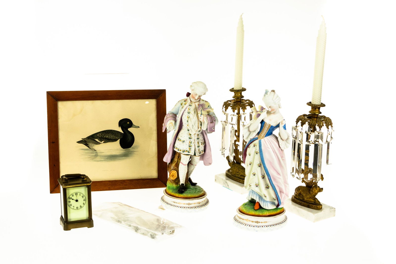 6Pcs VINTAGE & ANTIQUE ESTATE COLLECTIBLES Glass: 6Pcs VINTAGE & ANTIQUE ESTATE COLLECTIBLES Glass & Brass Carriage Clock Chelsea Clock Co. Ceramic Figures Birds Pigeons Ornate Cast Metal Candlesticks Dogs Marble Base Prisms Framed Print Tuft