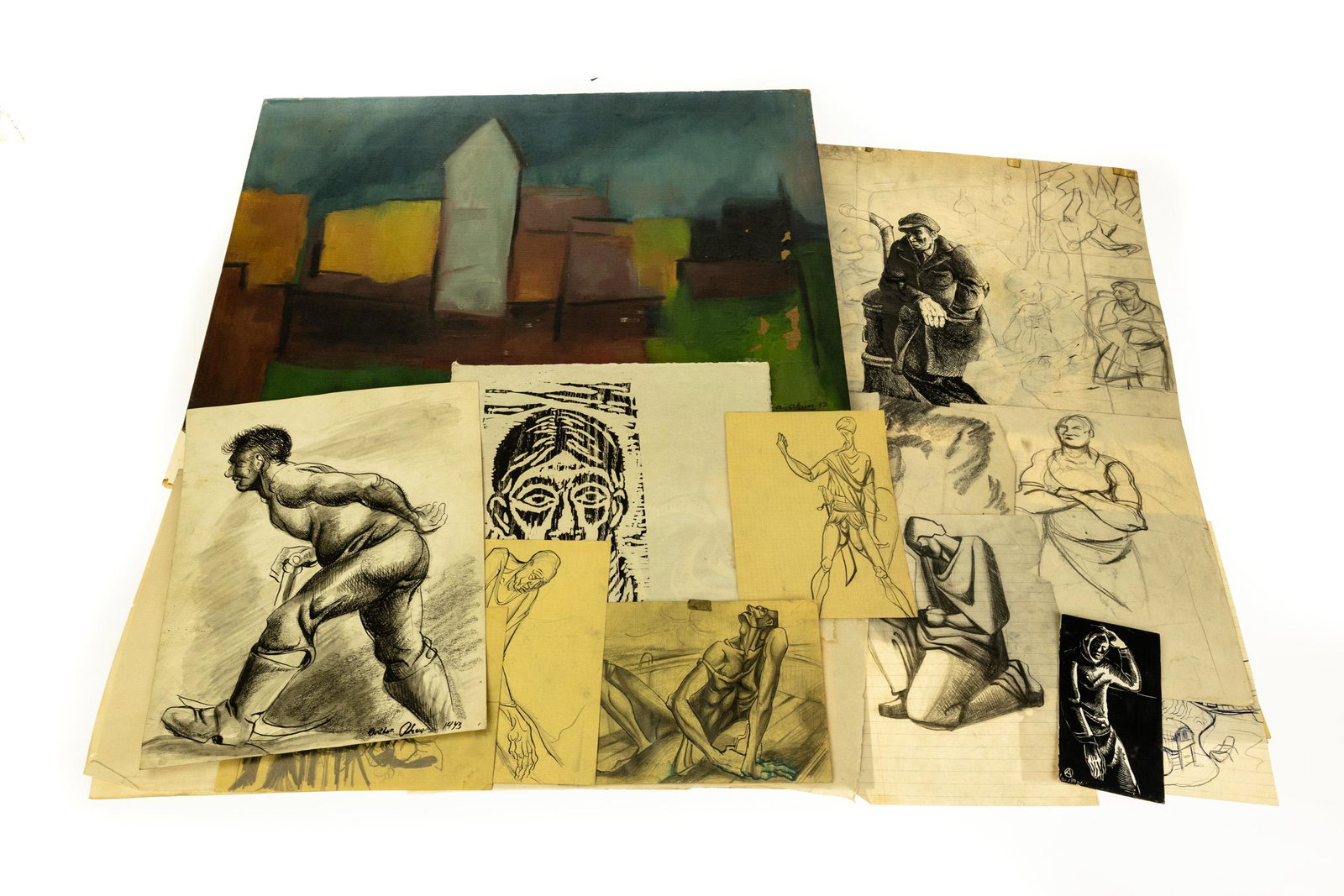 28Pcs A Okun ORIGINAL ARTWORK AND DRAWINGS Vintage and: 28Pcs A Okun ORIGINAL ARTWORK AND DRAWINGS Vintage and Antique Sketches Studies Wood Block Prints Painting Aaron A Okun Arthur Okun Details: This lot consists of a collection of approximately 28 piece