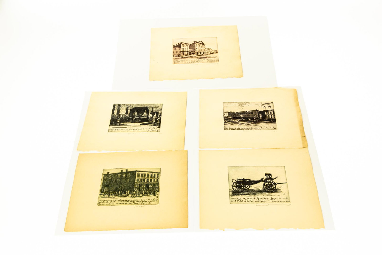 5Pcs ORIGINAL ENGRAVINGS BY BERNHARDT WALL Signed: 5Pcs ORIGINAL ENGRAVINGS BY BERNHARDT WALL Signed Lincoln‐Related Lincoln′s Funeral Train Car Carriage Ridden to Ford′s Theatre Funeral Service in White House Old Major′s Hall 