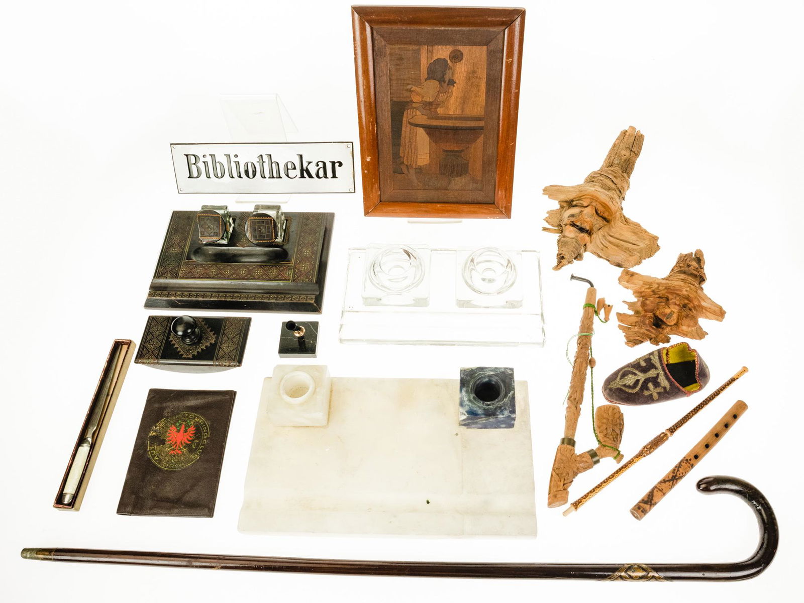 20Pcs VINTAGE & ANTIQUE ESTATE COLLECTIBLES Desk: 20Pcs VINTAGE & ANTIQUE ESTATE COLLECTIBLES Desk Sets Inkwells Marble Cane Wood Carved Walnut Wood Burning Pyrography Mosaic Enamel Sign Leather Slipper Letter Opener Wood Flute Folder Wood Carvin