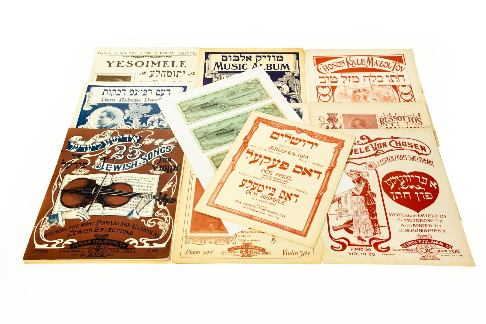 14Pcs ANTIQUE JEWISH EPHEMERA Yiddish Hebrew Bar: 14Pcs ANTIQUE JEWISH EPHEMERA Yiddish Hebrew Bar Mitzvah Checks Well‐Wishing Sheet Music Russotto′s Music Album Chantshe in America A Brivele von Chosen Choson Kale Mazol Tov Details: This