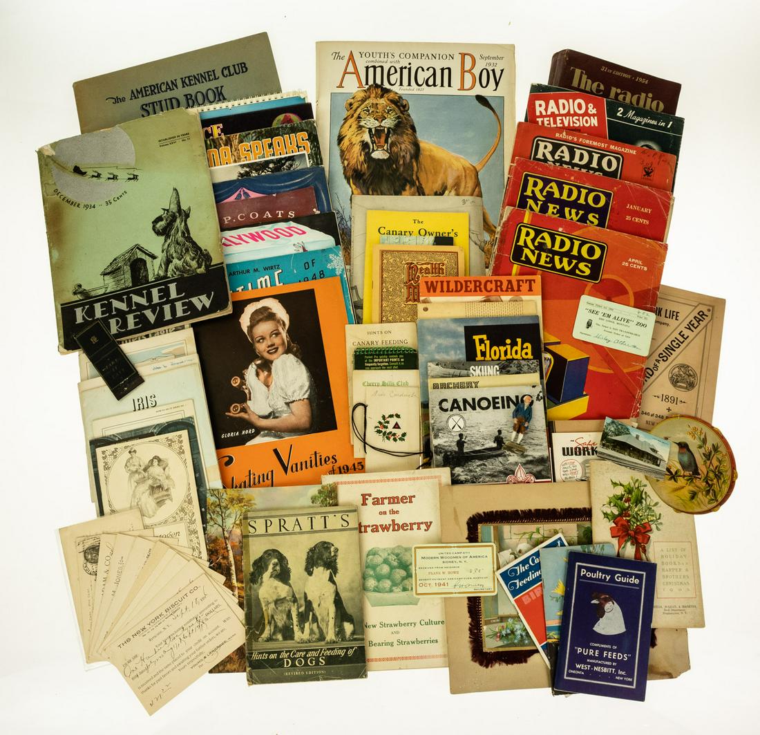 60Pcs VINTAGE AND ANTIQUE ESTATE EPHEMERA Advertising: 60Pcs VINTAGE AND ANTIQUE ESTATE EPHEMERA Advertising Magazines Brochures Booklets Holiday Books Harper Brothers Christmas 1905 American Kennel Club Stud Register Antique Account Postcards Lawrence Jo