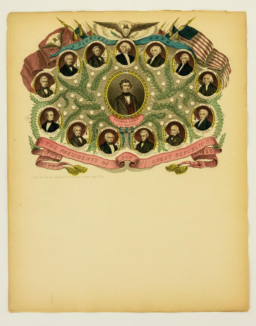 Antique ORIGINAL FRANKLIN PIERCE COMMEMORATIVE: Antique ORIGINAL FRANKLIN PIERCE COMMEMORATIVE STATIONERY Charles Magnus Printing Entrepreneur New York Patriotic Illustration Presidential Portraits Lithographic Transfer Engraved Plate Details: This
