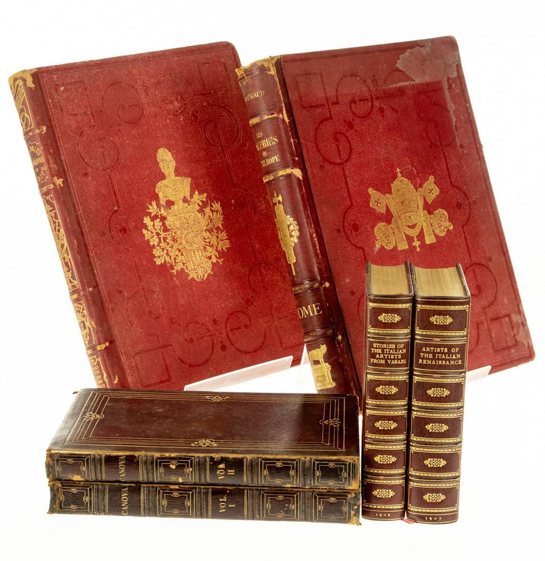 6V DECORATIVE ANTIQUE ITALIAN ART HISTORY Folios: 6V DECORATIVE ANTIQUE ITALIAN ART HISTORY Folios Leatherbound Gilt Marbled Paper Illustrated Plates Engravings Artists Vasari E. L. Seeley Renaissance Chroniclers Antonio Canova Sculpture Modelling He
